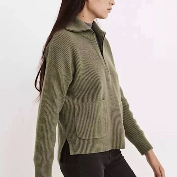 NEW Madewell Glenbrook‎ Half-Zip Pullover Sweater Merino Wool Ribbed Green, XS - Picture 1 of 16